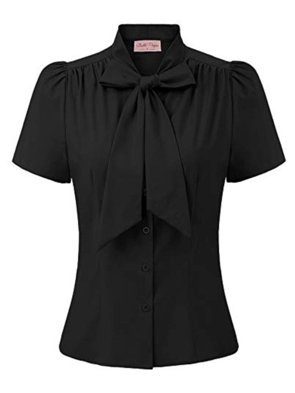 Short Sleeve Blouse with Bow Tie - Polyester Blend Women's Button Down Top